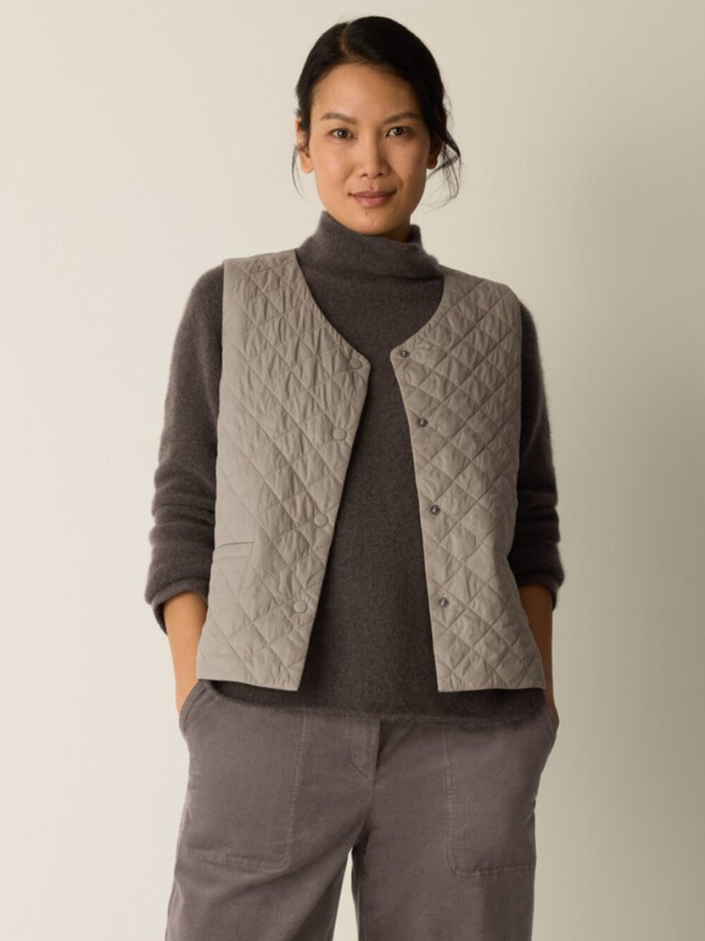 NWT Eileen Fisher REED  Eggshell Recycled Nylon Quilted V-Neck Vest